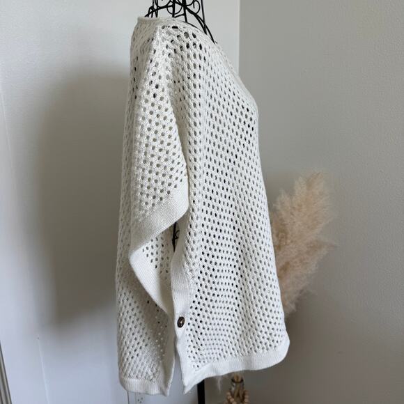 Talbots Cream Open Knit Sweater Poncho Side Button Closure Large - Picture 3 of 8